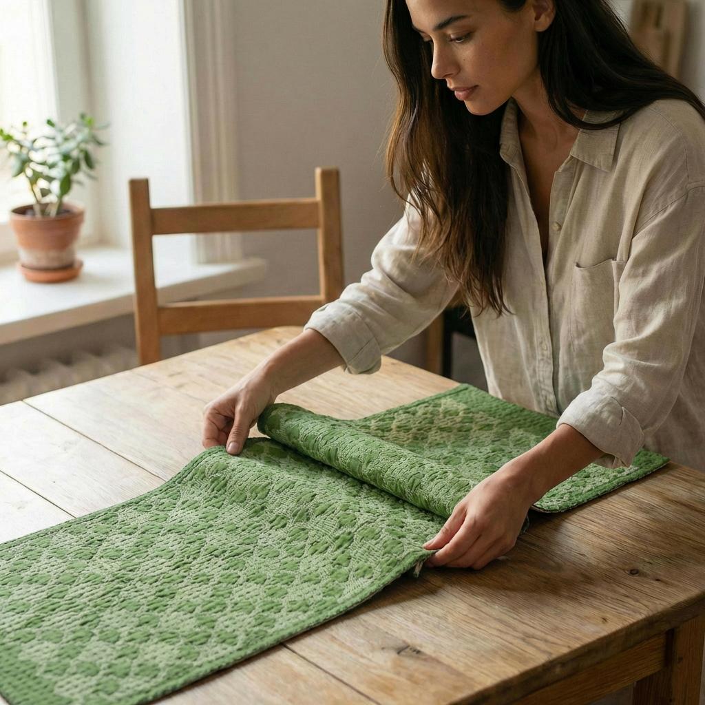 Artisan Hand Loomed Cotton Table Runner - Green Ginkgo - 18