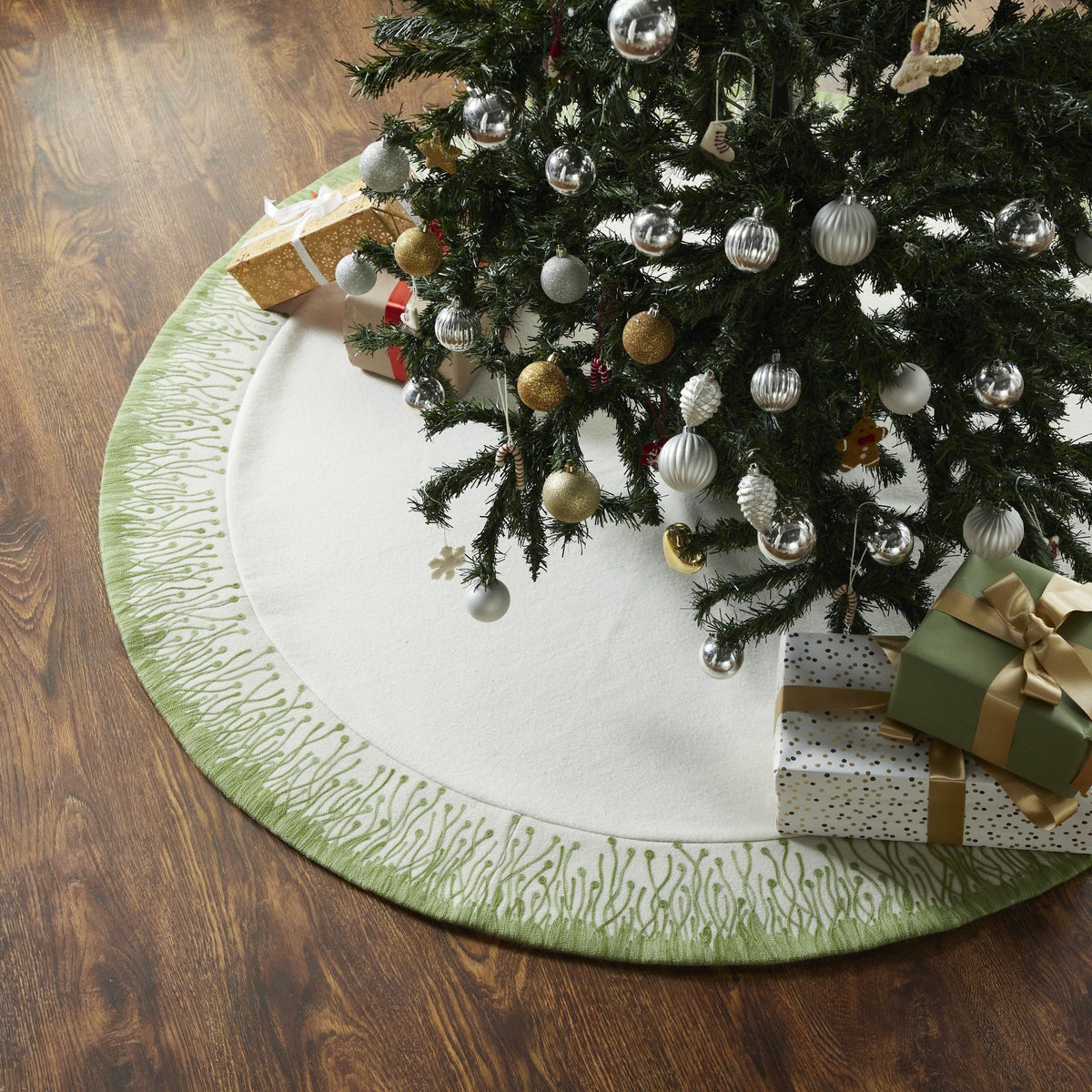 Cats and Green Trees Hand-Felted Christmas Tree Skirt - 60