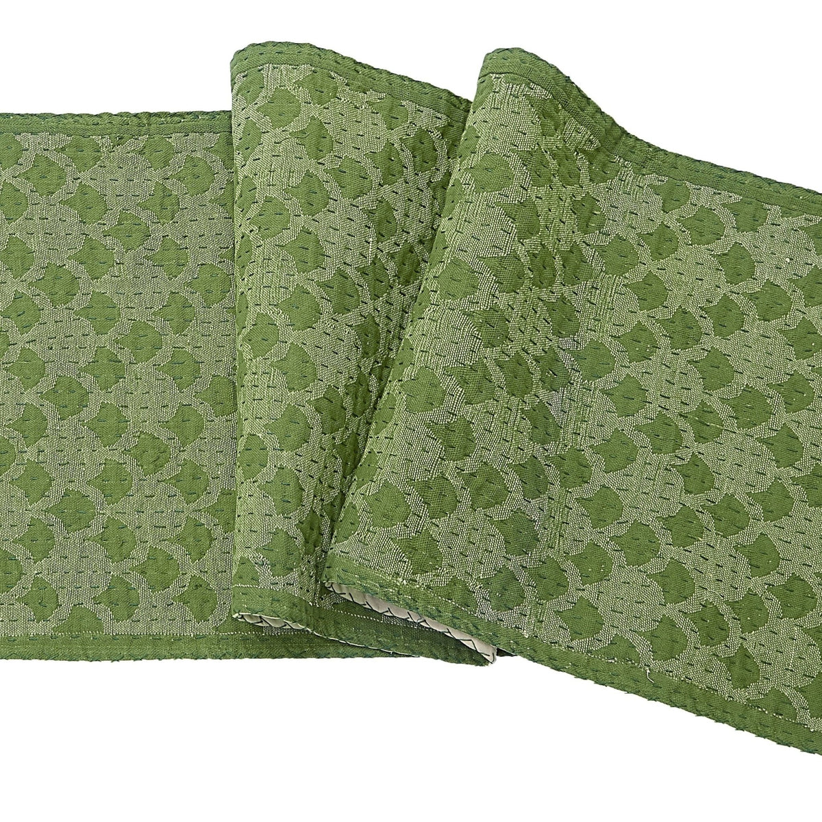 Artisan Hand Loomed Cotton Table Runner - Green Ginkgo - 18