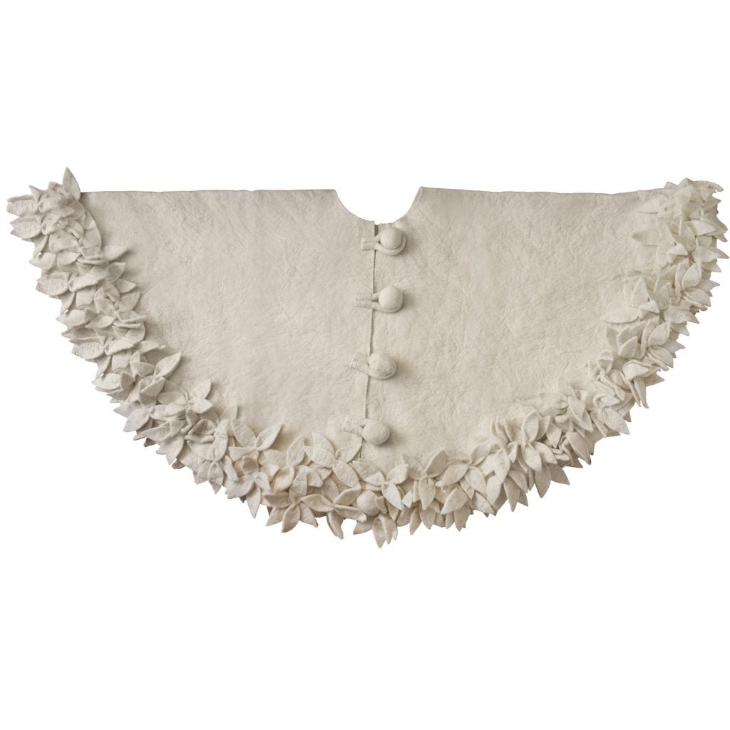 Handmade Wool Felt Red Christmas Tree Skirt with Brown Border and Pom Pom Edge Arcadia Home 60”