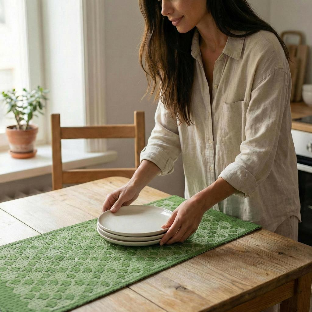Artisan Hand Loomed Cotton Table Runner - Green Ginkgo - 18