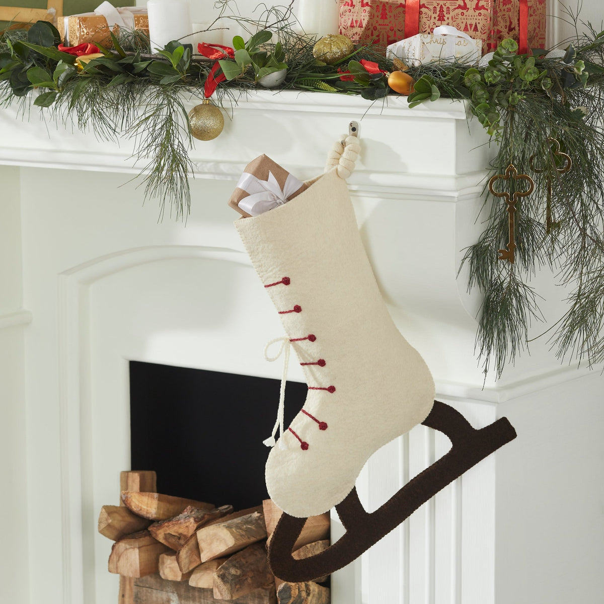 Zebra Double Sided Cream Hand Felted Wool Kids Christmas Stocking Cream Arcadia Home main image 0
