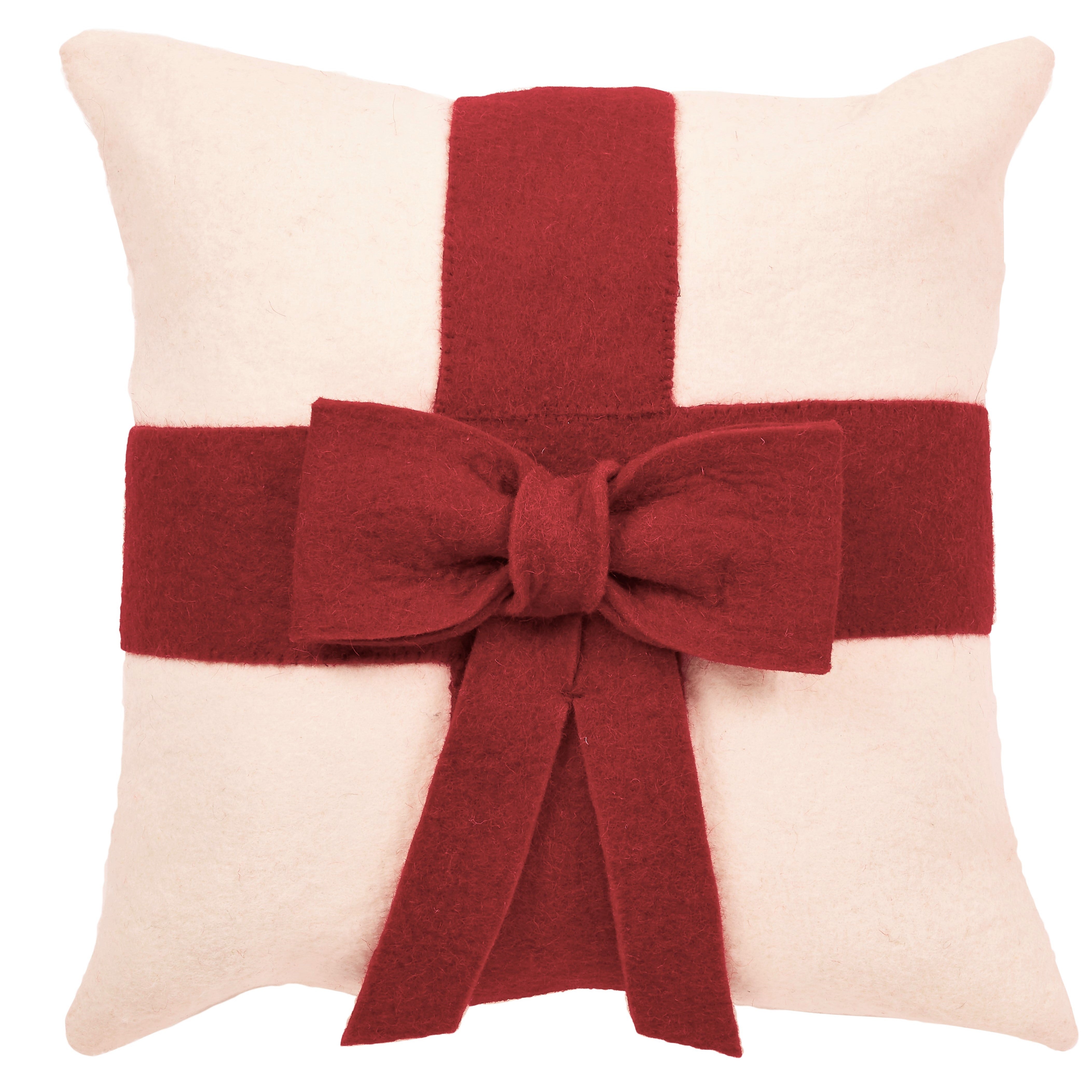 Arcadia Home Red Bow On Cream Christmas Pillow Cover in Hand Felted Wool 20 Cover Only