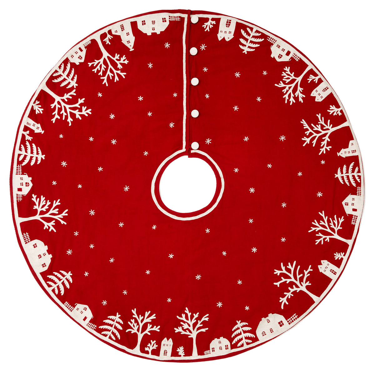 Handmade Christmas Tree Skirt in Cotton - Village Scene on Red - 60 ...